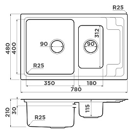 Размеры мойки Omoikiri Mizu 78-2-IN 4973731