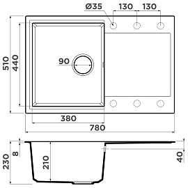 Размеры мойки Omoikiri Daisen 78T-BL