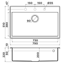 Размеры мойки Omoikiri Tedori 79-BL черный 4993948