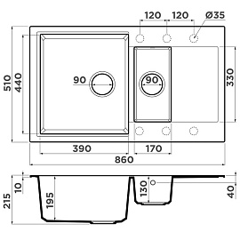 Размеры мойки Omoikiri Daisen 86-2-DC темный шоколад 4993476