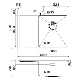 Размеры мойки Omoikiri Akisame 65-IN-R 4973059