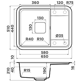 Размеры мойки Omoikiri Tasogare 65-DC темный шоколад 4993489