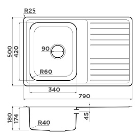 Размеры мойки Omoikiri Sagami 79-IN 4993735