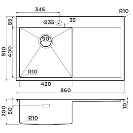 Размеры мойки Omoikiri Akisame 86-IN-L 4993760