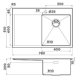 Размеры мойки Omoikiri Akisame 78-GM-R 4973100