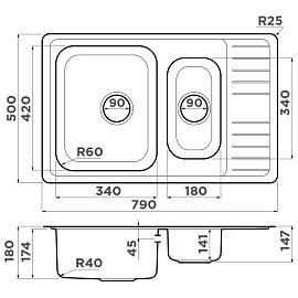 Размеры мойки Omoikiri Sagami 79-2-IN 4993733