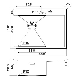 Размеры мойки Omoikiri Akisame 65-IN-L 4973058