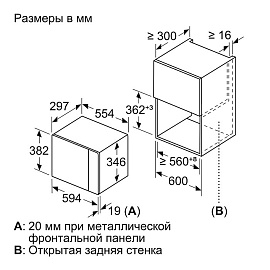 Схема встраивания Bosch BFL524MW0 при установке в навесной шкаф