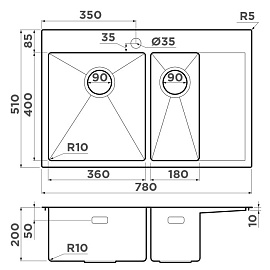 Размеры мойки Omoikiri Akisame 78-2-IN-L 4973062