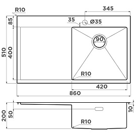 Размеры мойки Omoikiri Akisame 86-IN-R 4993763
