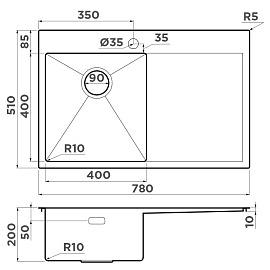 Размеры мойки Omoikiri Akisame 78-LG-L 4973085